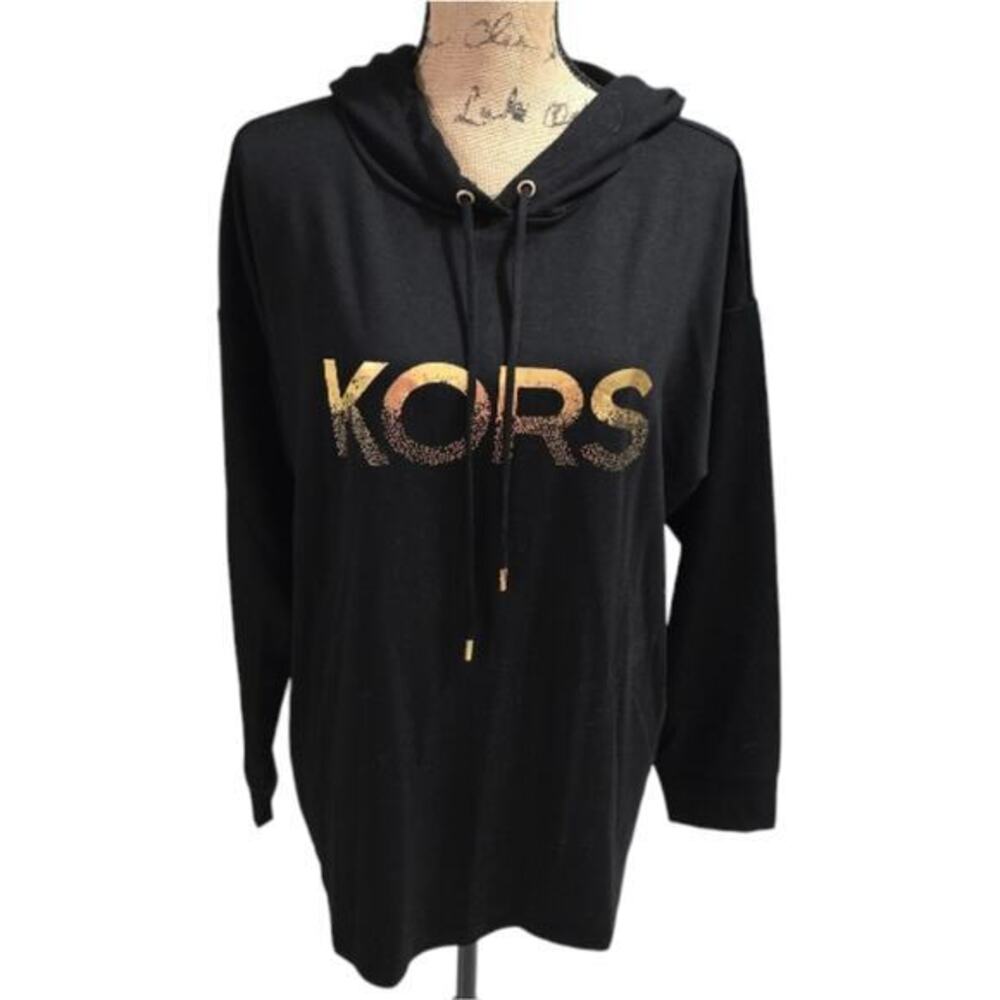 Michael Kors‎ Metallic Gold Logo Black Super Soft Hoodie Top Plus Size New